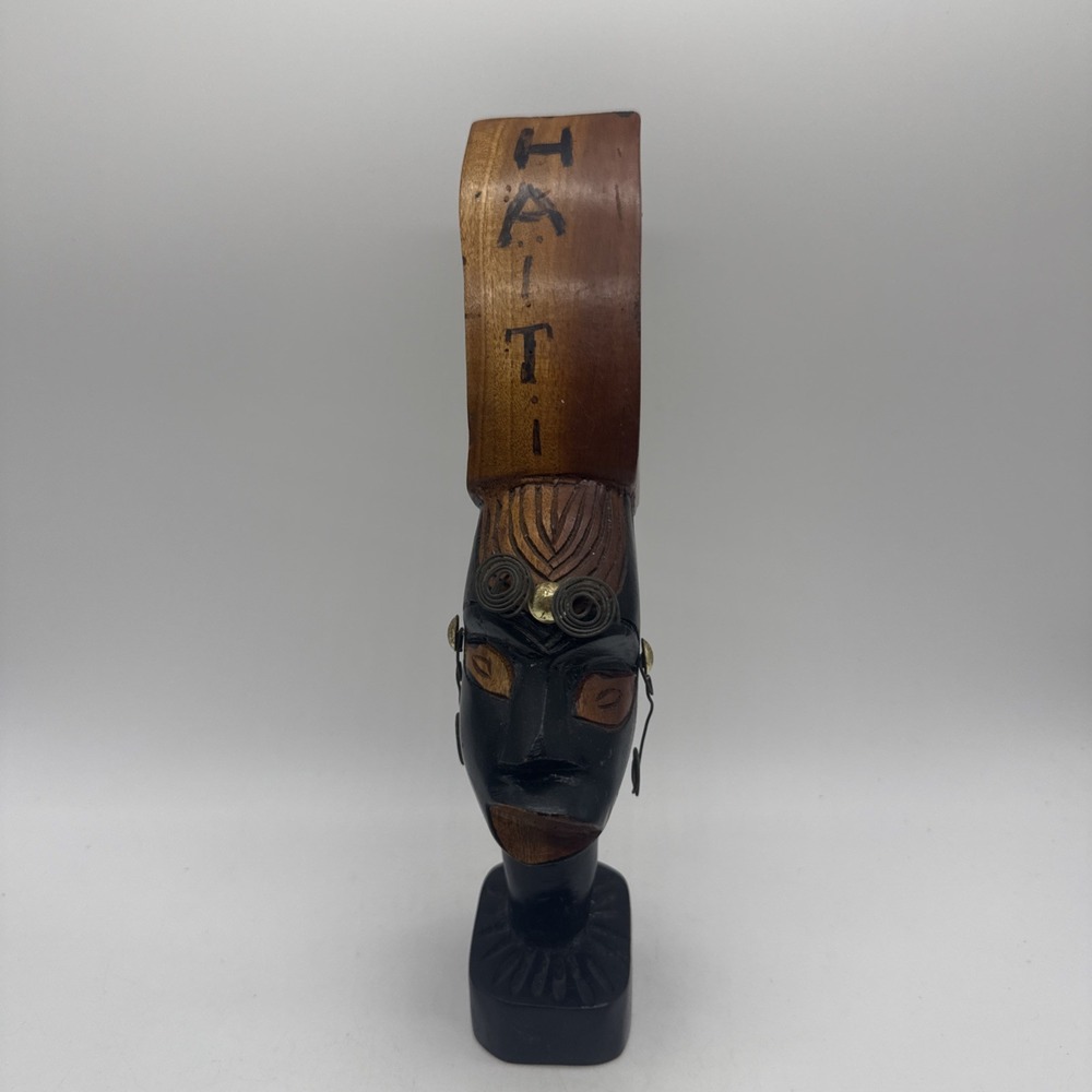 Haitian Hand Carved Wood Tribal Head Bust Statue Figurine Art Haiti Vintage 10.5